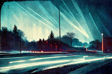 cg-illustration of a road with light running like after a car passed by.の写真素材