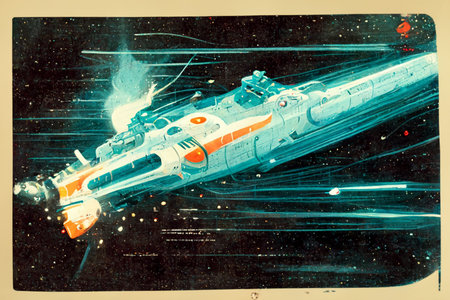A fictitious space battleship is flying in space.