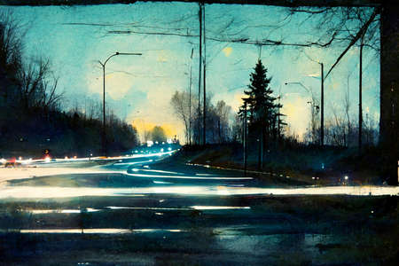 CG illustration of a road at sunset lit up.の写真素材