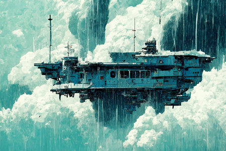Illustration of an imaginary battleship flying in the sky.の写真素材