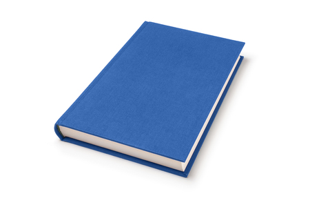 Blue lying book isolated, perspective view. Cover made of natural linen fabric with uneven rough texture.の写真素材