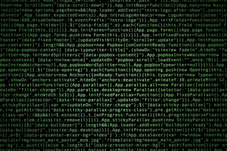 Software source code on dark background. Programming javascript code on computer screen. Console on real retina screen with pixels visible. Front view.の写真素材