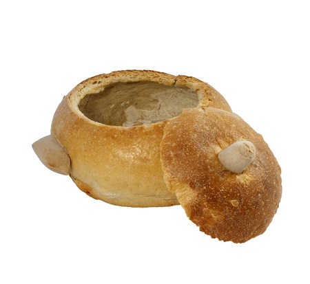 	Empty plate with bread for cream soup isolated on whiteの写真素材