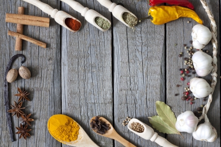 	Exotic spices and empty cutting board food backgroundの写真素材