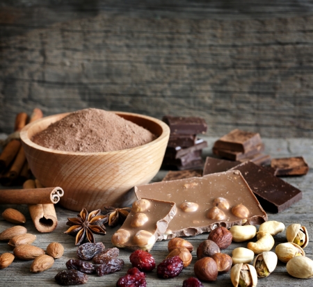 Chocolate nuts cocoa and ingredientsの写真素材