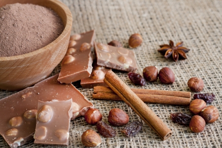Chocolate nuts cocoa and ingredientsの写真素材