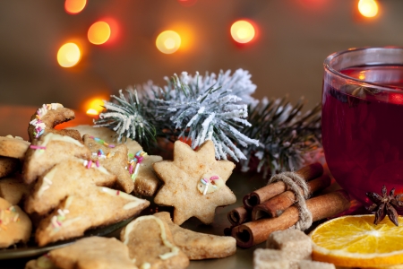 Christmas homemade cookies with punch and spicesの写真素材