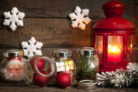 Prepare to Christmas unique concept lantern baubles and snow backgroundの写真素材