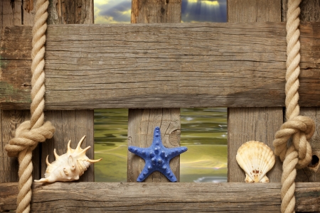 Starfish at sea on beach on vintage boards marine backgroundの写真素材