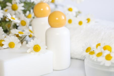 Cosmetics chamomile and empty containerの写真素材
