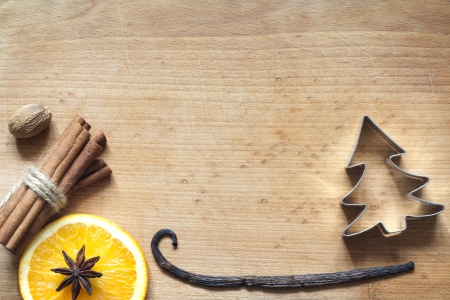 Christmas abstract food background on cutting boardの写真素材