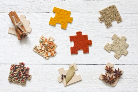 Food ingredients spices and puzzle diet background conceptの写真素材
