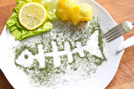 Silhouette fish in dill on plate abstract food concept