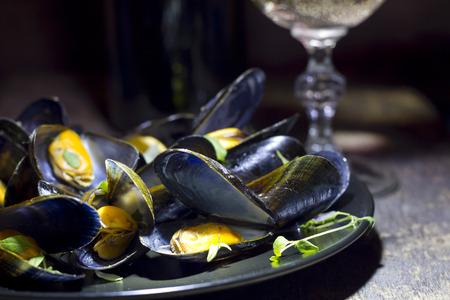 Mussels with glass of white wine and thyme in the darkの写真素材