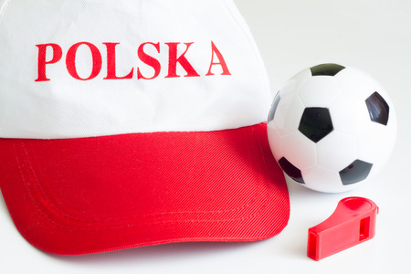 Euro 2016 with polish fan hat and football ballの写真素材