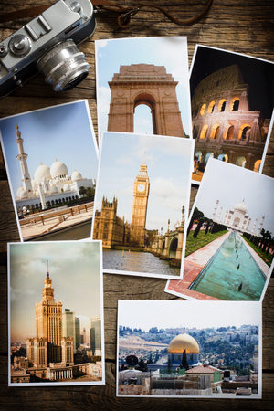 Old retro pictures and camera on wooden table globetrotter stock photography travel collage conceptの写真素材