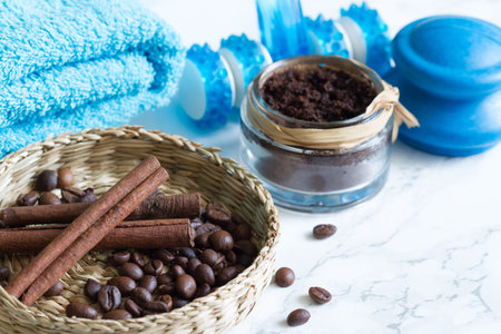 Set for anti cellulite cosmetics peeling massage coffee beans cinnamon and tools