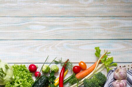 Fresh raw vegetables and spices with empty space food diet background conceptの写真素材