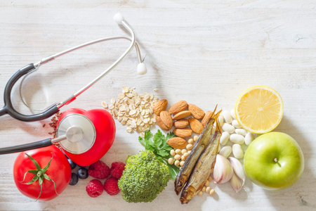 Selection food good for heart with stethoscope, healthy diet conceptの写真素材