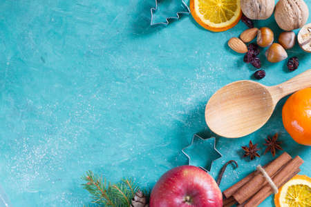 Christmas food background with fruits, spices and nutsの写真素材