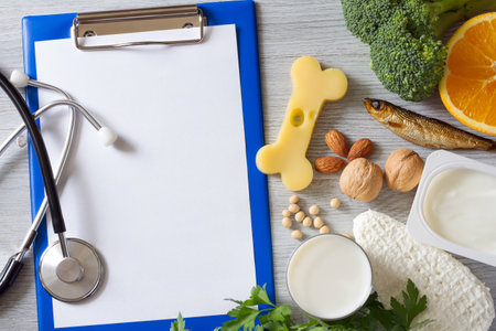 Bone shaped cheese, notebook, stethoscope and bone strengthening foods products, concept osteoporosis and preventionの写真素材