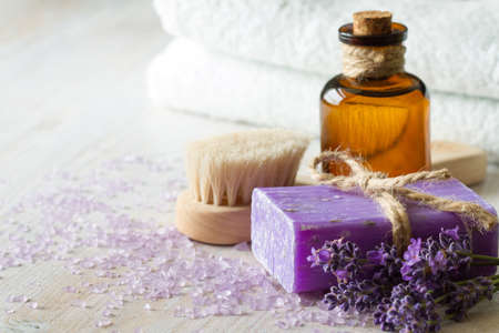 Lavender body care and aromatherapy products, spa conceptの写真素材