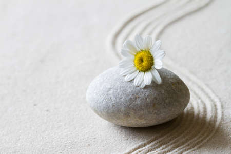 Zen background with stone, flower and lines in sand, concept relaxation, balance and harmonyの写真素材
