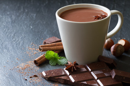 Hot chocolate in cup with additivesの写真素材