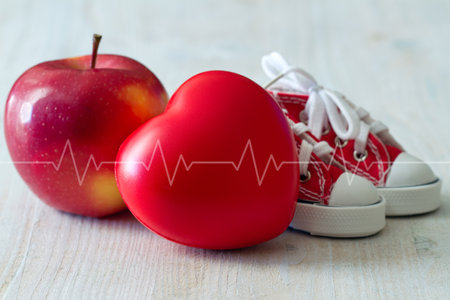 Canvas shoes, apple and red heart with cardiogram line, diet and sport for healthy heart conceptの写真素材