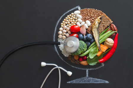Food products good for health and planet, globe abstraction with stethoscope on chalkboard, planetary health diet conceptの写真素材