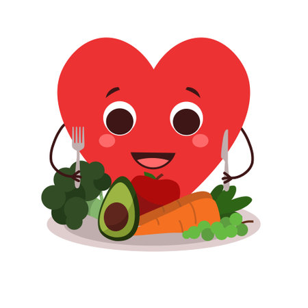 Red smiling heart with knife and fork above plate of vegetables and fruits, cartoon illustrationの写真素材