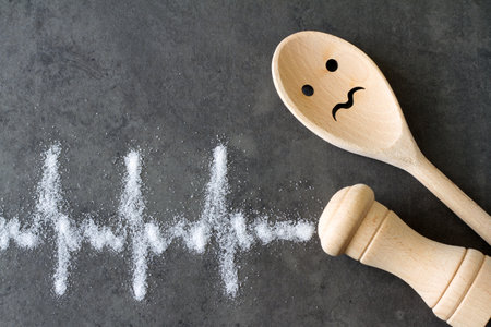 Salt shaker, wooden spoon, cardiogram made of salt, unhealthy cooking and hypertension conceptの写真素材
