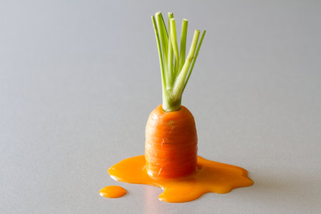 Fresh carrot with green stem melting in puddle of carrot juice, creative vegetable conceptの写真素材