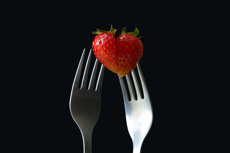 Two matching each other halves of heart-shaped strawberry on forks on black backgroundの写真素材