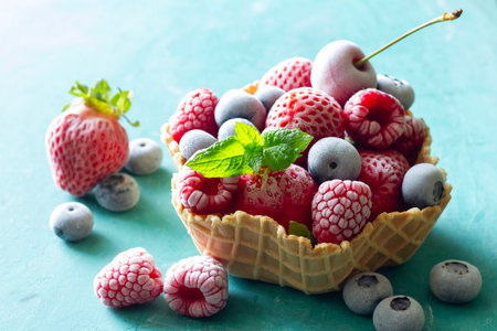 Frozen summer fruits with mint leaf served in waffle bowlの写真素材