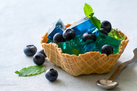Fruit jelly with fresh blueberries decorated with mint leaf, served in waffle bowl, summer dessert conceptの写真素材