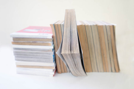 A pile of comic books. A lot of Japanese manga books on white background.