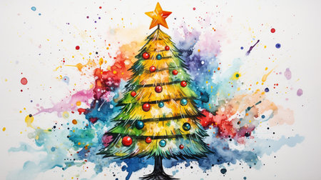 Colorful watercolor painting of christmas tree on white background.の素材