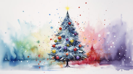Christmas tree with balls and snowflakes. Watercolor painting.の素材