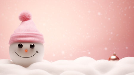 Snowman with hat and snowflakes on pink background with copy spaceの素材
