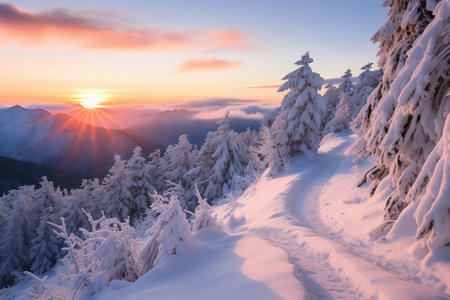 Sunrise over a snowy mountain landscape with pine trees and fresh snow trailsの素材