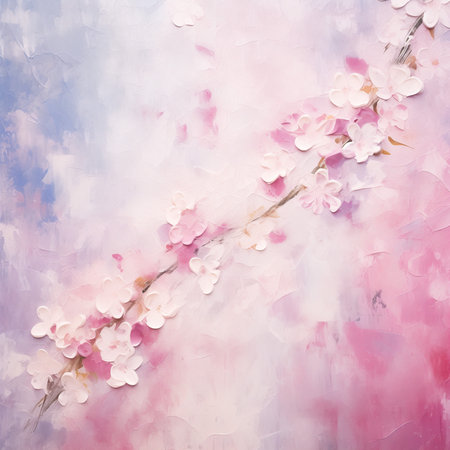 Cherry blossoms acrylic painting, pink florals on ethereal blue background, spring, delicate, artistic.の素材