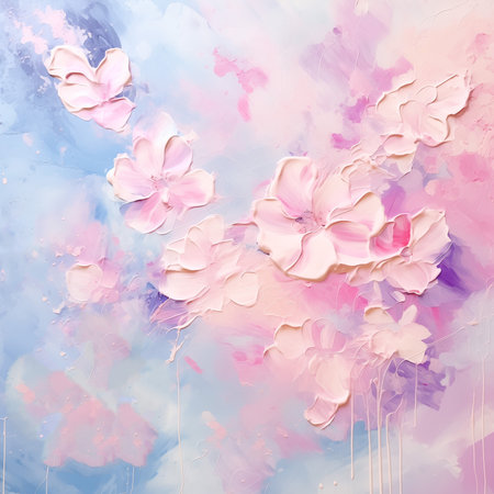 Cherry blossoms acrylic painting, pink florals on ethereal blue background, spring, delicate, artistic.の素材