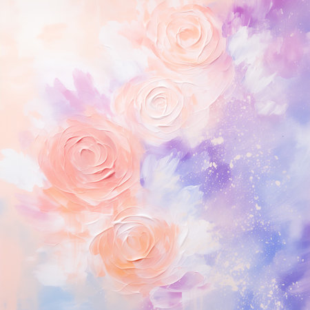 Elegant acrylic roses, delicate pink and peach tones, dreamlike pastel background, artistic floral composition.の素材