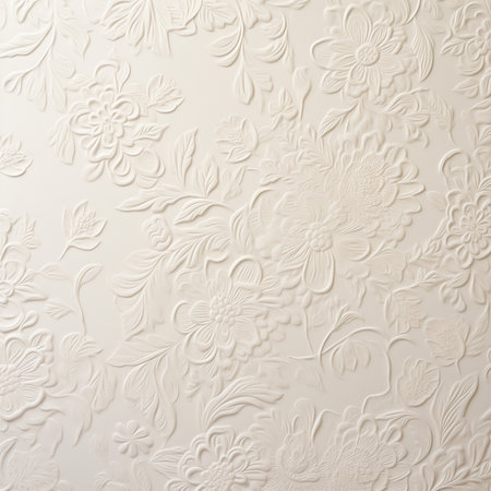 White floral pattern on a beige wall. Close-up.の素材