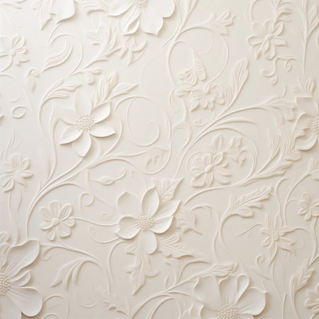White floral pattern on a beige wall. Close-up.の素材