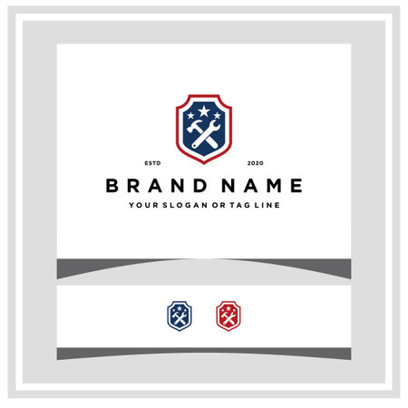 wrench with hammer american shield logo design vector templateのイラスト素材