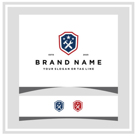 wrench with hammer american shield logo design vector templateのイラスト素材