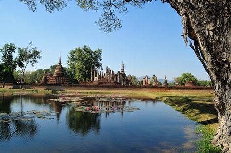 A far view of a temple ruin, Sukhothai, Thailandの写真素材