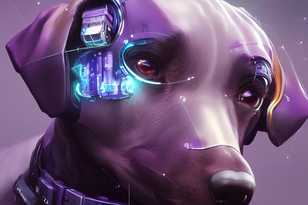 3D rendering of a dog wearing a robot's head with neon lights.ai generated computer graphics.の素材